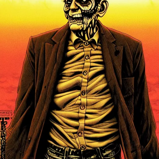 Prompt: full portrait of abe vigoda, disturbing horror zombie manga cover illustration by junji ito and joe fenton and syd mead and p. craig russell and barry windsor - smith, artstation, 4 k, graphic novel, concept art, matte painting, beautiful american rustic western landscape sunset background, golden hour, art nouveau