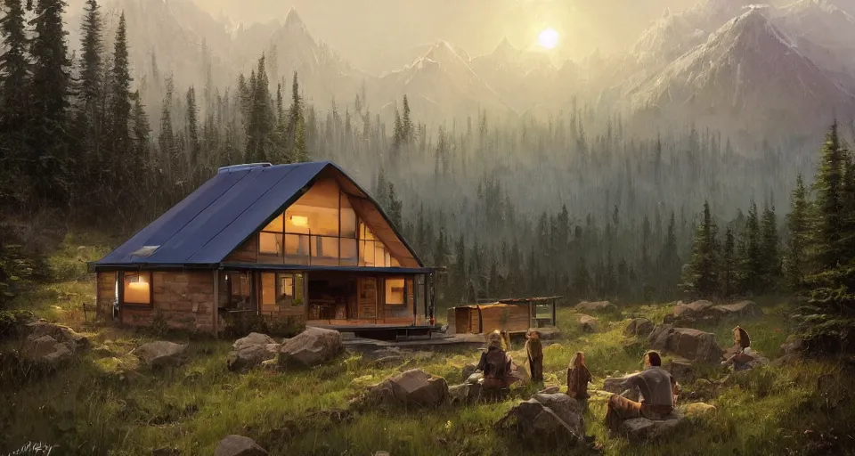 Image similar to cabela's beautiful comfortable modular insulated container home wall kit - house all weather family dwelling tent house, person in foreground, mountainous forested wilderness open fields, beautiful views, painterly concept art, environmental concept art, concept art illustration, by james gurney, by craig mullins, by greg rutkowski trending on artstation