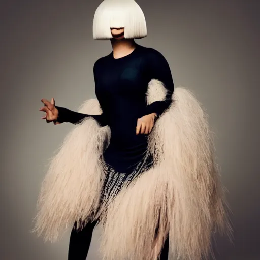 Image similar to Sia furler photoshoot wearing a dress full body puffy wig