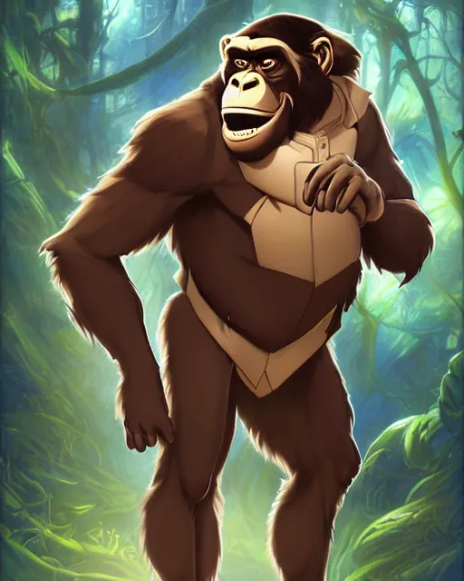 Image similar to don bluth, loish, artgerm, joshua middleton, steampunk, clockpunk anthropomorphic gorilla, full blue suit, smiling, symmetrical eyes symmetrical face, colorful animation forest background