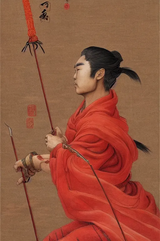 Image similar to a masterpiece portrait of legendry nezha flies riding on the wind fire wheels across the sea, water everywhere, chinese mythology, side view, red cloth around his shoulders, hold spear, cinematic, fantasy character portrait, highly detailed, by ne zha ( 2 0 1 9 ), fenghua zhong