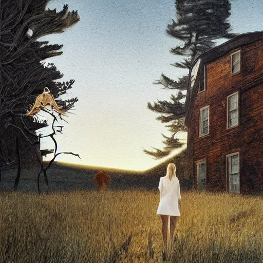 Image similar to Elle Fanning in the painted world of The Road, head and shoulders masterpiece, apocalypse, golden hour, cosmic horror, artstation, in the style of Andrew Wyeth and Edward Hopper and Bosch, extremely detailed