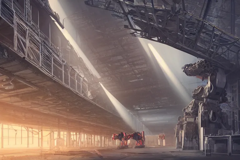 Prompt: realistic photograph of future super robot factory inside the bridge ， volumetric lighting, god's ray, soviet, detailed characters, summer, dark overcast weather, high detailed, smooth, mark arian, award winning, highly detailed 4 k art by beeple and fvckrender and visualdon, trending on cgsociety