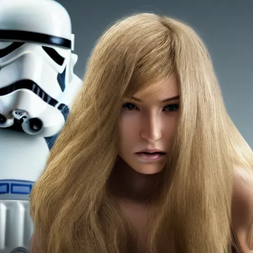 Prompt: 5 foot 7 woman with medium long dirty blonde hair with slightly wavy tendrils surrounding the face being captured by stormtroopers, highly detailed, high definition, ultra realistic
