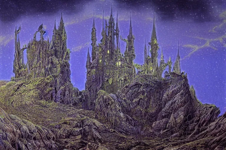 Image similar to highly detailed photoreal eldritch biomechanical castle on a cliff, aurora borealis, psychedelic by alan lee, john howe. ted naismith