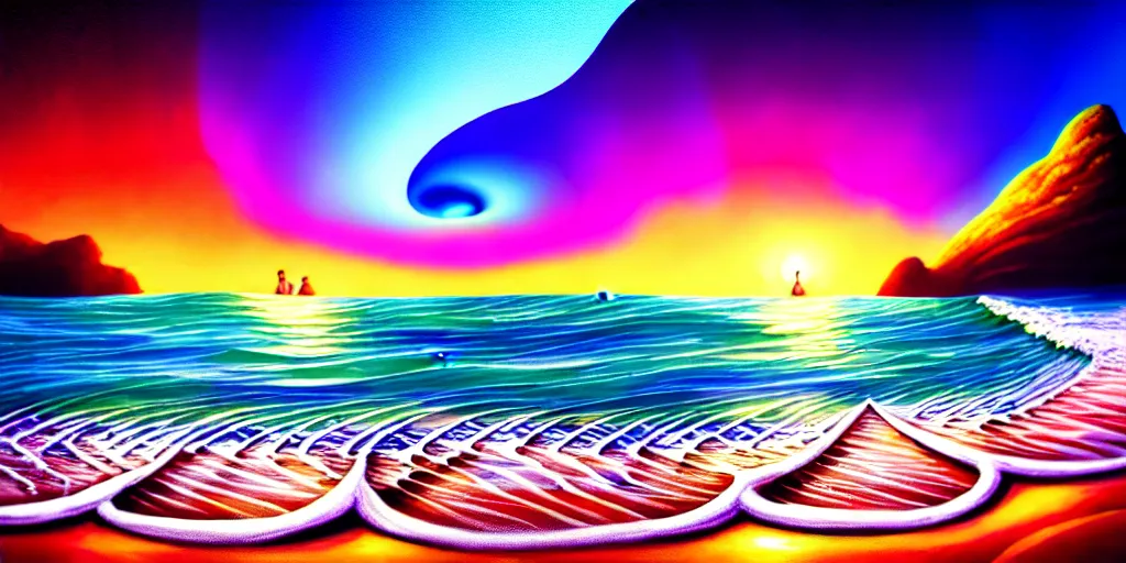 Image similar to a beach shaped like a singing mouth, the waves are made is musical notes, one wave is shaped like the mouths tongue, very colorful painting 8 k trending on art station, intricate details, very realistic, cinematic lighting, volumetric lighting,