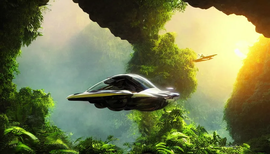 Image similar to a scifi flying car floating in a prehistoric jungle cave, lush flora, waterfall, sunset, hazy, volumetric lighting, rtx on, photorealistic render, great composition, very detailed