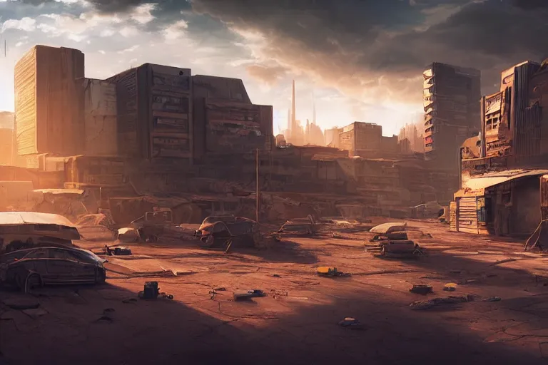 Prompt: a matte painting of cyberpunk slum in the desert, windy, clouds, ray of sunlight, beeple, ultra wide angle, light effect