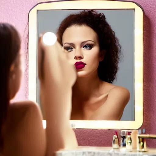 Image similar to a beautiful woman sitting at a vanity in front of a mirror, beautiful face, fashion photography, elegant furniture