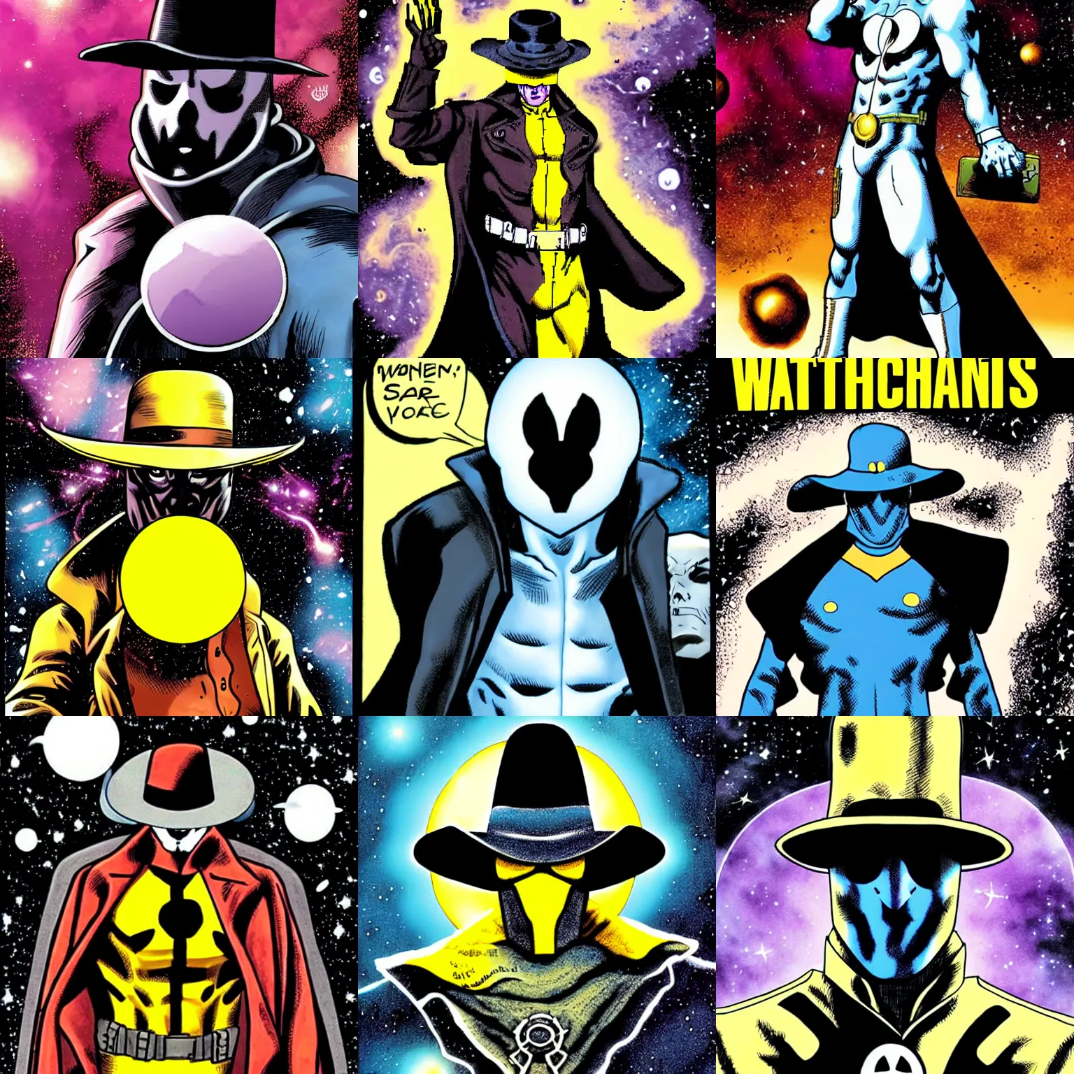 Prompt: Rorschach from Watchmen as Eternity, space and galaxies, comic