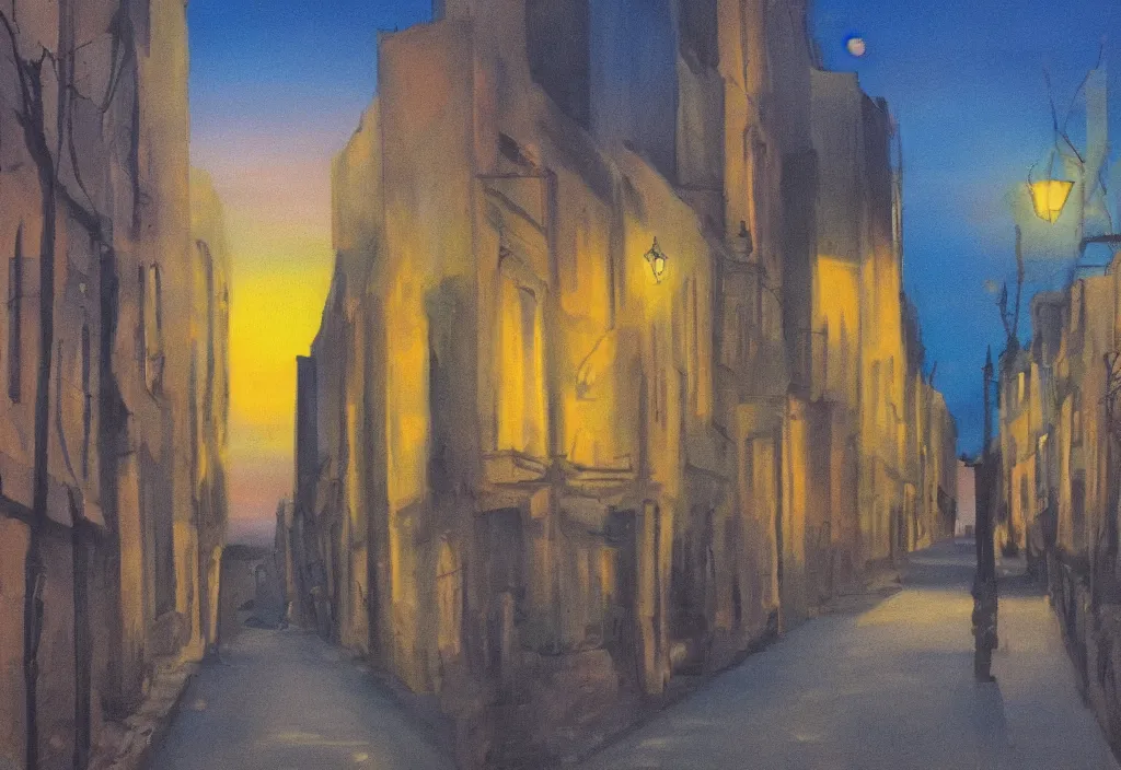 Image similar to A street at twilight in the peaceful streets of the city, surrealist style