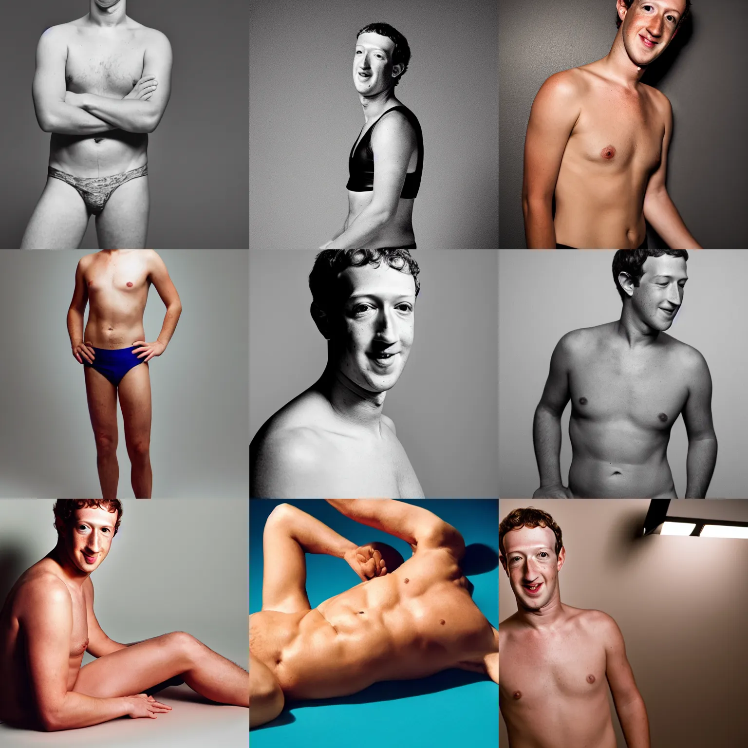 Prompt: Photo of Mark Zuckerberg in swimsuit, soft studio lighting, photo taken by Terry Richardson for Calvin Klein, award-winning photograph, 24mm f/1.4