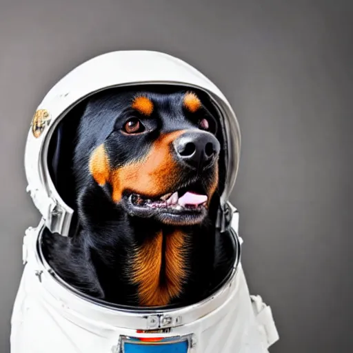 Prompt: a rottweiler dog wearing an astronaut helmet in space