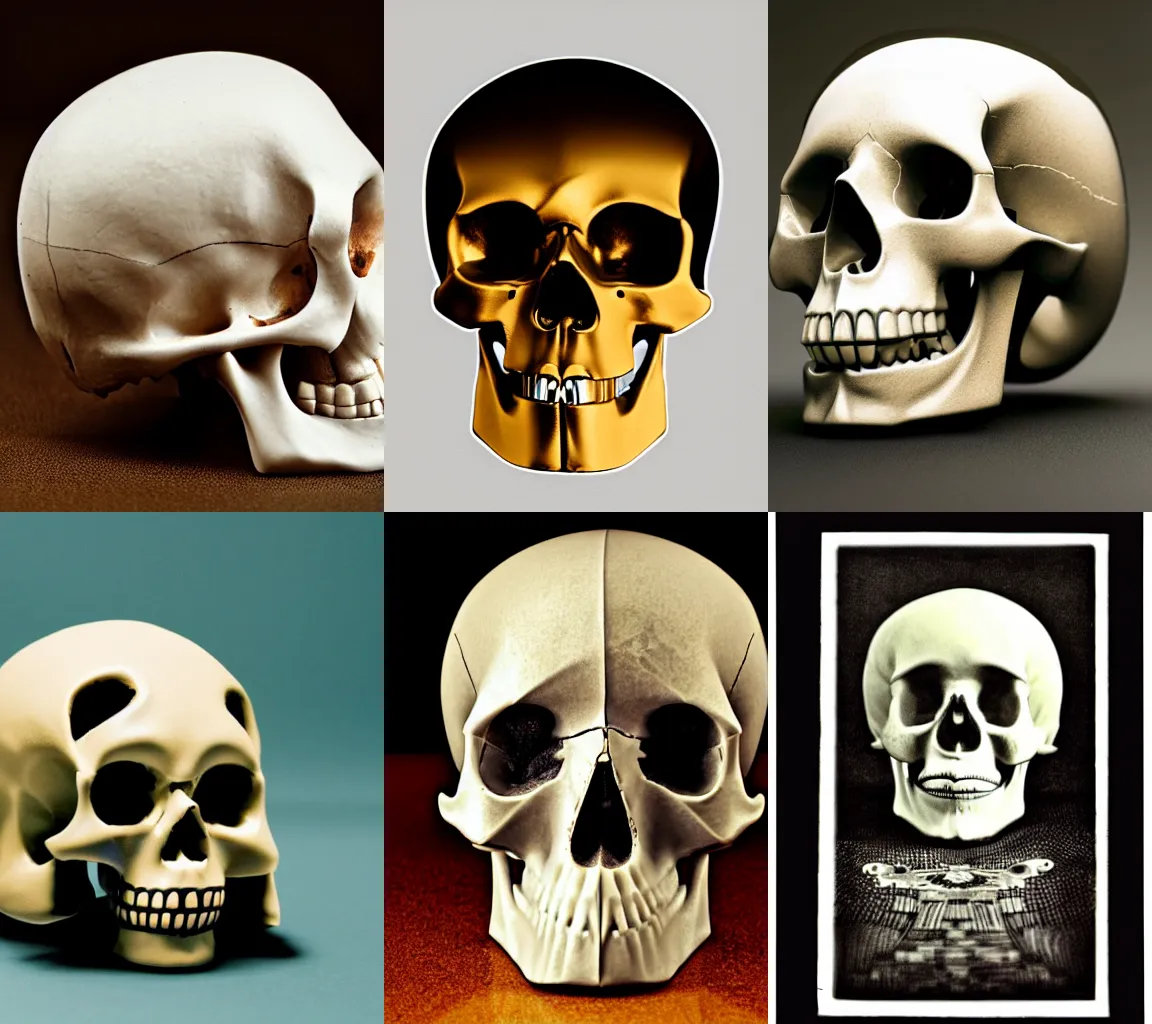 Prompt: human skull in an art deco style centered composition 70mm camera