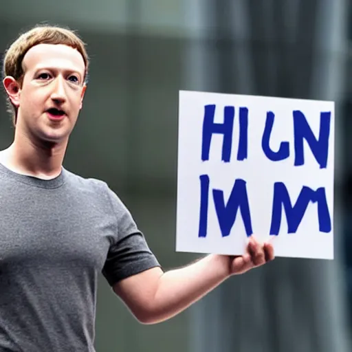 Image similar to Mark Zuckerberg holding a sign saying I'm A Human, highly detailed, high quality, HD, 4k, 8k, Canon 300mm, professional photographer, 40mp, lifelike, top-rated, award winning, realistic, sharp, no blur, edited, corrected, trending