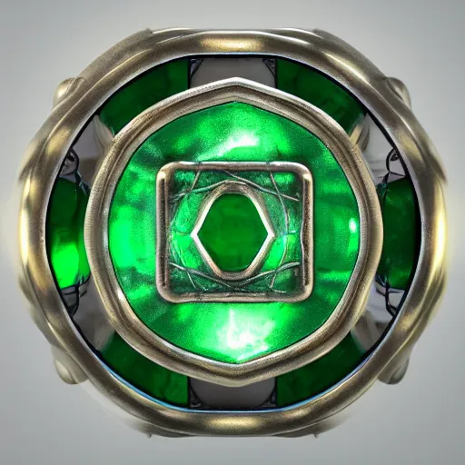 Image similar to shiny metallic amulet with a glowing emerald, highly detailed, concept art, beautiful, octane render, realistic, unreal engine, sharp focus