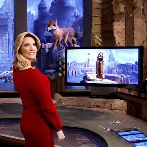 Image similar to cinematic studio photograph of a medieval era fox news anchorwoman at work, by fox news in ancient europe