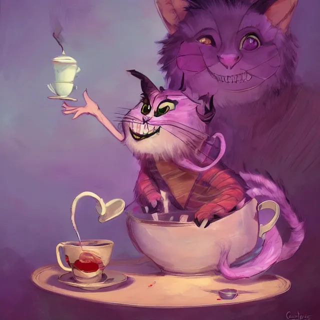 Image similar to cheshire cat drinking tea, by cory loftis, character art, very coherent, exquisite lighting, whimsical background, lighthearted, soft painting, masterpiece