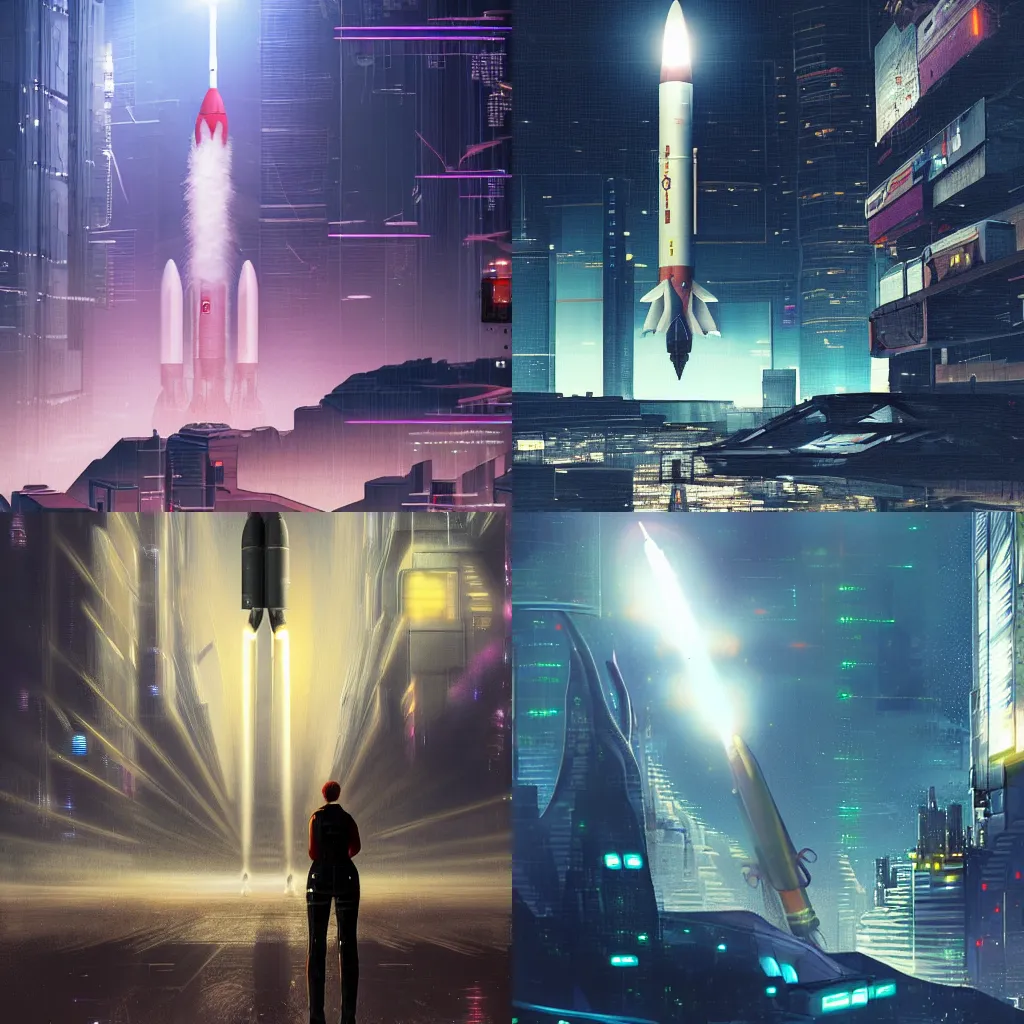 Prompt: Launch of a rocket, cyberpunk, sci-fi
