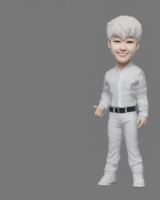 Image similar to full body 3d render of Park Jimin as a bobble head, studio lighting, white background, blender, trending on artstation, 8k, highly detailed , intricate details