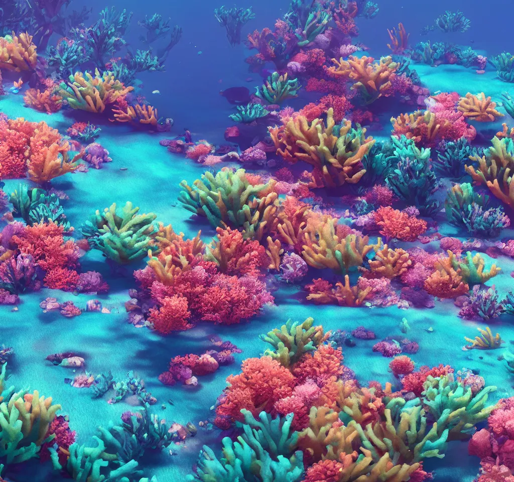 Image similar to underwater neon coral reef landscape magical realism painting with sun rays coming from above, neon pastel colors, octane render, maya, cinema 4d