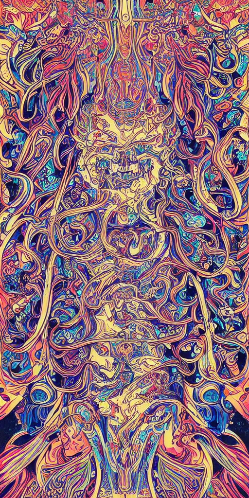 Prompt: psychedelic mushroom ritual central figure intricate highly detailed symmetrical, cinematic movie screen printing poster colorful and vivid pattern, by Artgerm, Darius Zawadzki, James Jean and Moebius, Artstation trending