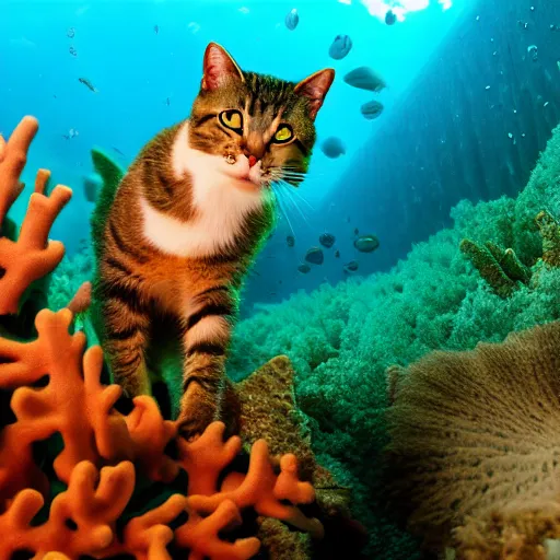 Prompt: a cat under water dives through a coral reef, 8k photography