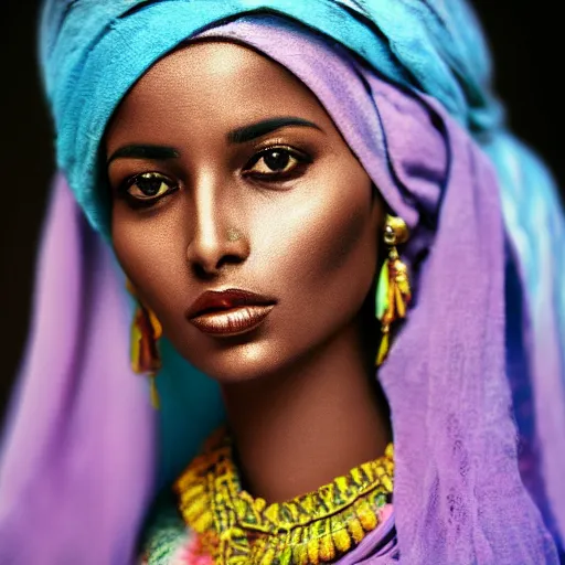 Image similar to a vintage image of a somali woman, on a painterly background, somali attire, beautiful, dreamy, pastel, digital, photo realistic, detailed face, sharp focus