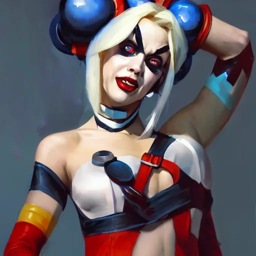 Prompt: greg manchess portrait painting of harley quinn as overwatch character, medium shot, asymmetrical, profile picture, organic painting, sunny day, matte painting, bold shapes, hard edges, street art, trending on artstation, by huang guangjian and gil elvgren and sachin teng