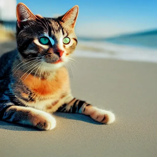 Prompt: realistic photo of a cute cat chilling out on the beach