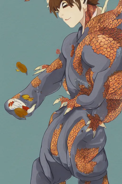 Prompt: muscular dragon wearing a kimono with a goldfish pattern, fursona, anthro, male, delicate, elegant, detailed clothing, detailed fur, makoto shinkai
