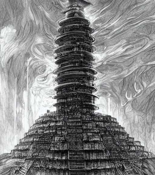 Image similar to tarkovsky, majestic ancient tower of babylon below a woman in transparent cyber clothing, hyperrealistic, blame manga, full color, manga style, by tsutomu nihei, cyber architecture, intricate, illustration, concept art, hyper - detailed, smooth, masterpiece, epic, cinematic, high quality