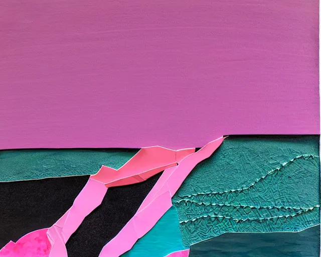 Image similar to deep sea trench, pink horizon. abstract collage made of paper, clay, and twine