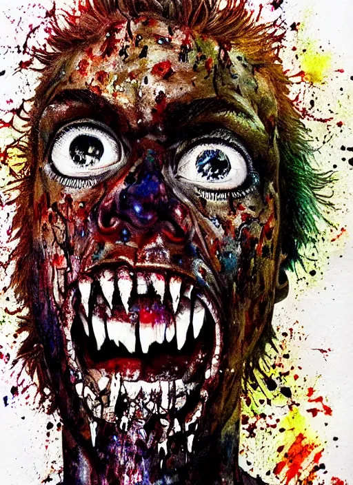 Image similar to african american zombie hollywood artwork professional acting headshot, hyperrealism, intricate detail, studio lighting, charming expression gesicht, hauntingly beautiful zombie, watercolor art, epic, legendary, drawn and painted, colored layers, dulled contrast, exquisite fine art, splatterpaint