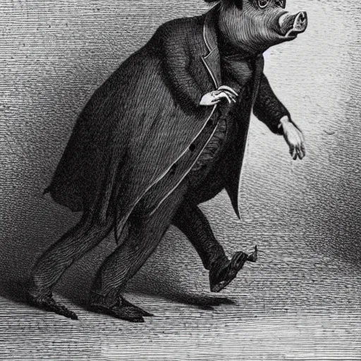 Prompt: a pig walking on two legs, creepy atmosphere, dressed in a tuxedo, dark, close-up, realistic, very realistic, illustration by Gustave Doré