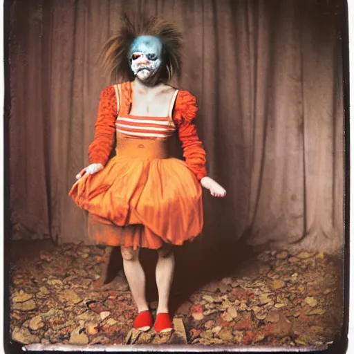 Prompt: damaged kodak portra 4 0 0, wetplate, photo of a surreal artsy dream scene,, screaming chucky doll, weird fashion, grotesque, extravagant dress, strange pose, carneval, with an animal, wtf, photographed by paolo roversi style