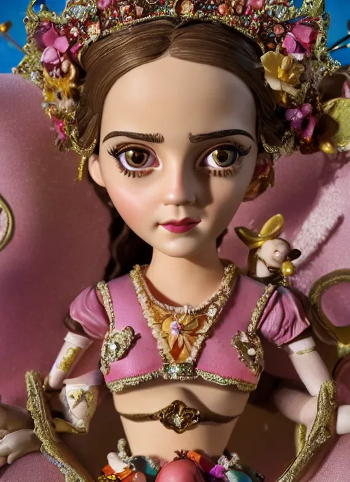 Image similar to closeup face profile portrait of tin toy emma watson as a fairytale princess wearing a crown eating cakes, bikini, depth of field, zeiss lens, detailed, symmetrical, centered, fashion photoshoot, by nicoletta ceccoli, mark ryden, lostfish, breathtaking, 8 k resolution, extremely detailed, beautiful, establishing shot, artistic, hyperrealistic, octane render