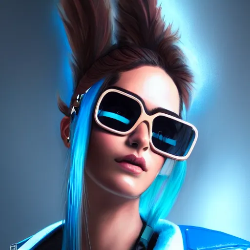 Prompt: closeup painting of a very beautiful young mexican cyberpunk woman smirking, wearing light blue shades and a leather jacket, one side haircut, long brown hair with light blue ends, portrait, hyperdetailed, artstation, cgsociety, 8 k