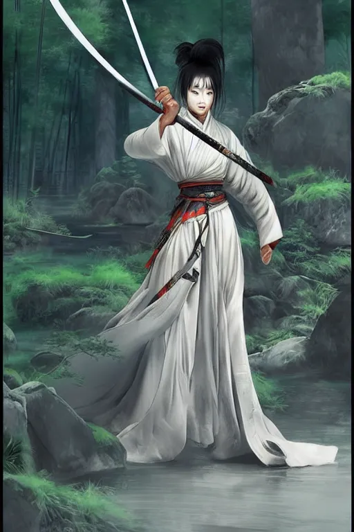 Prompt: ultrafine illustration by chen uen / ma wing shing / ikegami ryoichi, detailed chinese sword warrior, highly detailed, glowing magic around her, divine proportion, cinematic light, ancient chinese bamboo forest, heroine action pose, artstation, pinterest