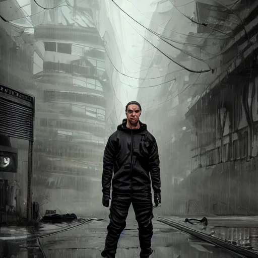 Image similar to A broad shouldered, muscular man in a Acronym Riot Division Nike techwear outfit, wearing black Acronym P31-ds pants, beige-earth Parka jacket, trending on r/techwearclothing, high quality, digital art, dirty cyberpunk city, rain, greg rutkowski
