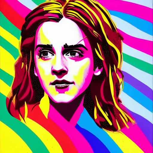 Prompt: rainbow emma watson as hermione. pop art.