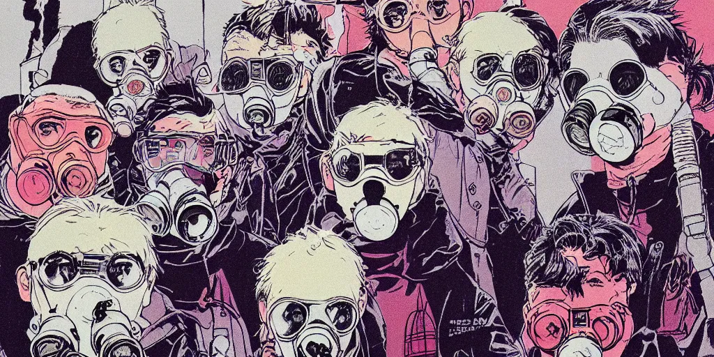 Prompt: detailed conceptual art rgba color risograph from face wolfs gang photo group, theyre using wolf gas mask, other using grey bandana but no mask, by moebius and dirk dzimirsky and satisho kon, close - up wide portrait