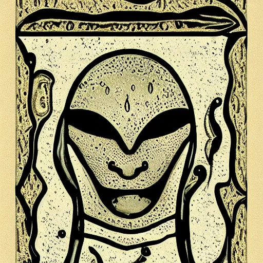 Image similar to a tarot card of an alien face made of water texture, highly detailed symbols as frames of the card