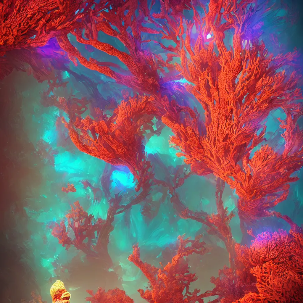 Image similar to Face of a Alien Deity, corals, plume made of fractals, extremly detailed digital painting, in the style of Beeple, mystical colors, rim light, beautiful lighting, 8k, stunning scene, raytracing, octane, trending on artstation