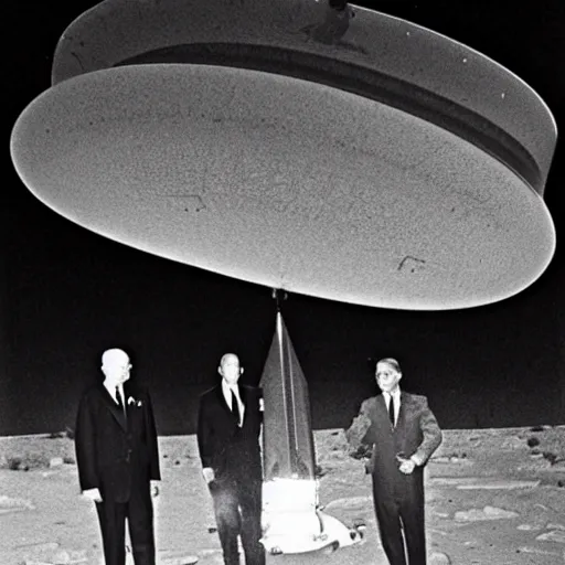 Image similar to president eisenhower aboarding a ufo in the desert as high ranked government officials are watching, black and white old photo