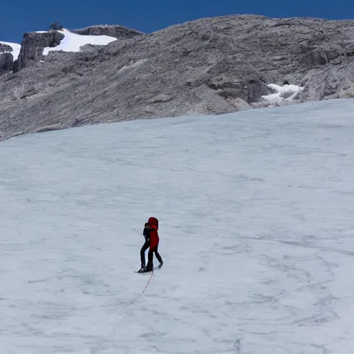 Image similar to two climbers walking on ice surface with a view of the red star.