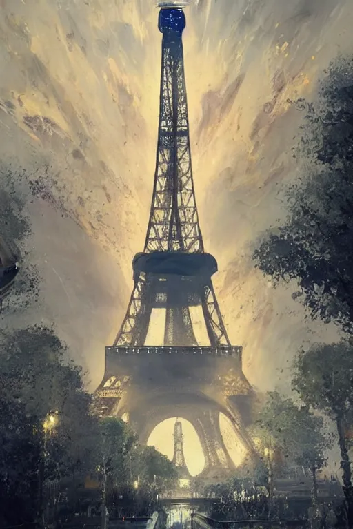 Image similar to the Eiffel Tower being visited by a large UFO, an epic painting, glinting metal, volumetric lighting, intricate, elegant, highly detailed, digital painting, artstation, concept art, smooth, sharp focus, art by Maciej Kuciara