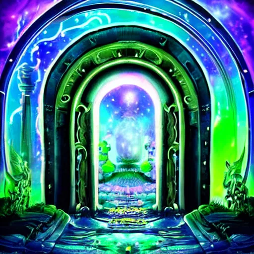 Image similar to portal to another dimension, magnificent, epic, neon, highly detailed, beautiful lighting, fantasy landscape