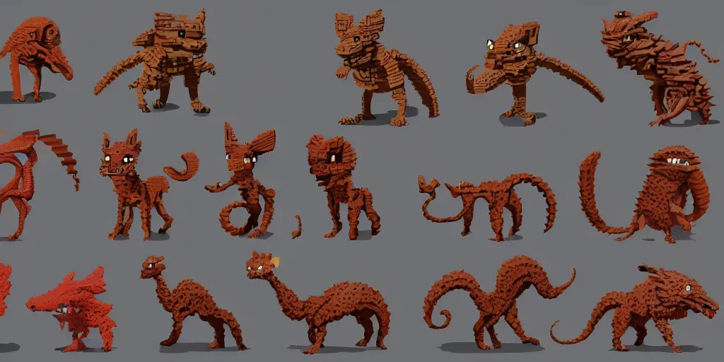 Image similar to creatures called critters, made out of few bricks. cute looking, sharp focus, moebius, character sheet, game concept art, brush work