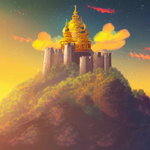 Prompt: stone castle with golden bell ontop of a mountain, space sky, anime illustration,